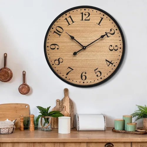 Vista 6 de Reloj de pared rústico para decoración de sala de estar, reloj de pared grande de 24 pulgadas con cara de madera marrón oscuro y marco de metal
