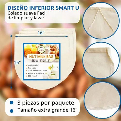 Vista 2 de Paquete de 3 bolsas de leche de nuez de 16 x 16 pulgadas para colar, 100% tela de algodón sin blanquear, gasa reutilizable, colador para leche