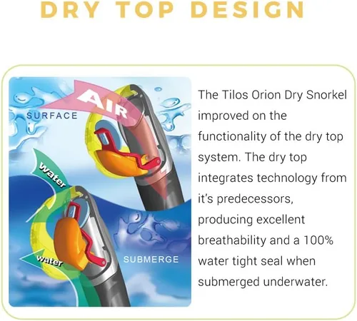 Vista 3 de Tilos Orion Dry Snorkel - Equipo de esnórquel impermeable de alta calidad con boquilla cómoda y válvula de purga fácil