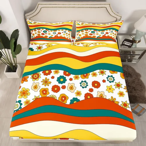 Vista 9 de Juego de ropa de cama con diseño floral bohemio, tamaño individual, diseño retro de flores groovy, 60S y 70S, diseño de flores hippie para niños