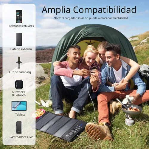 Vista 5 de BigBlue Cargador de panel solar de 28W con USB-C dual y USB-A, cargador solar portátil para teléfono para acampar, hacer senderismo, hacer mochila