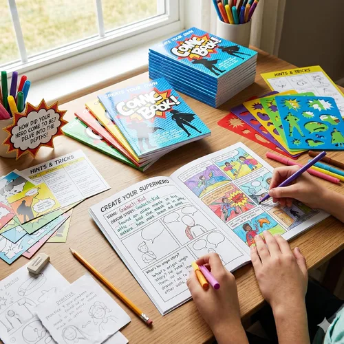Vista 7 de Fun Express Libro de cómics en blanco para niños, 12 libros, bloc de actividades de libro de dibujo con paneles y plantillas preimpresas, kit