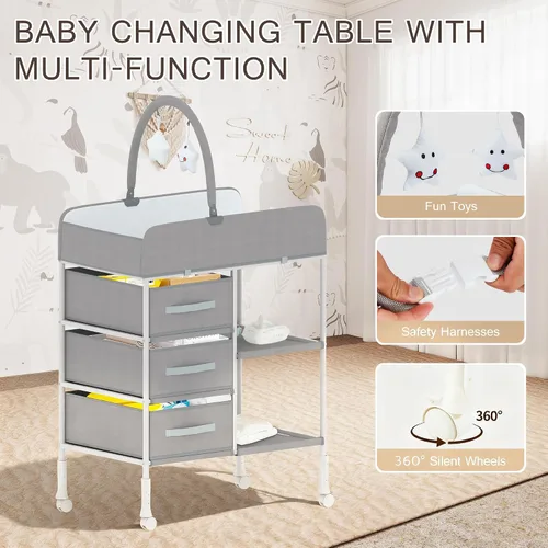 Vista 4 de Cambiador portátil para bebé, cambiador de pañales con almohadilla impermeable, cambiador para niños pequeños con 3 cestas de almacenamiento