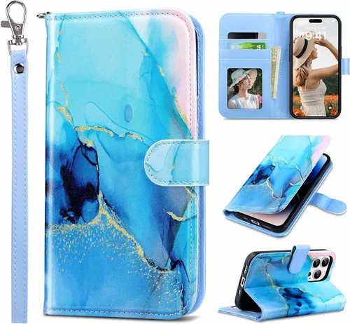 Vista 29 de ULAK Funda tipo cartera compatible con iPhone 15 Pro con tarjetero y diseño de flores, para mujeres y niñas, piel sintética, con función atril