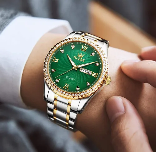 Vista 60 de OLEVS - Relojes de diamantes para hombres, relojes de vestir a prueba de agua, relojes analógicos de cuarzo de lujo con calendario de fecha y correa