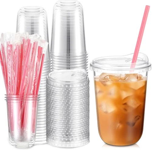 Vista 17 de Ziliny 25 juegos de vasos de plástico con pajitas y tapas de corazón rosa