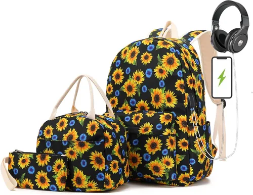 Vista 7 de Pawsky Juego de mochila escolar de lona ligera para adolescentes, niñas, mujeres, niños, bolsa de libros universitaria para laptop de 14 pulgadas