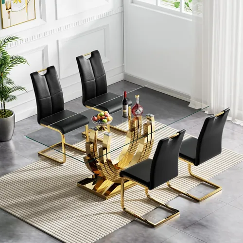 Vista 2 de Juego de mesa de comedor de cristal dorado moderno de 70 pulgadas para 4, juego de mesa rectangular de 5 piezas con base de acero en forma de anillo