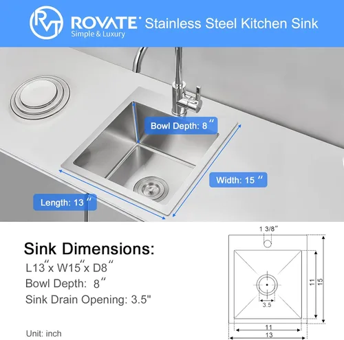 Vista 5 de ROVATE Fregadero de barra empotrable de 13 x 15 x 8 pulgadas, Fregadero de cocina pequeño de montaje superior de un solo compartimento, Fregaderos