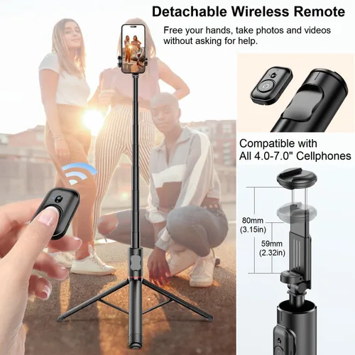Vista 3 de Trípode para selfie stick para iPhone, trípode ligero de 72 pulgadas con control remoto inalámbrico y soporte de zapata fría, palo selfie extensible