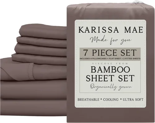 Vista 100 de KARISSA MAE Juego de sábanas de viscosa de bambú de lujo, 100% certificado FSC, refrescante, lujosamente suave, bolsillos profundos de 18 pulgadas