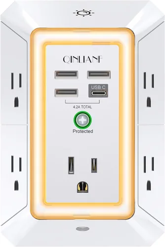 Vista 10 de QINLIANF cargador USB de pared, protector contra sobrecargas, extensor de 5 tomas con 4 puertos de carga USB (4.8 A en total), 3 lados, 1,680 J