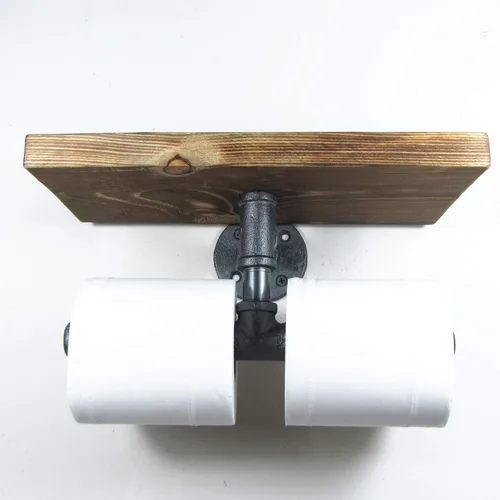 Vista 2 de Estante de almacenamiento de madera industrial urbano para montaje en pared, tubo de hierro, doble soporte de papel higiénico, rodillo