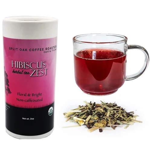 Vista 8 de Té orgánico de hojas sueltas Hibisco Té de hierbas Zest. Flores de hibisco orgánicas, citronela, rooibos verdes, raíz de regaliz, cáscara de naranja