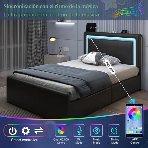 Vista 3 de Base de cama tamaño individual con 4 cajones de almacenamiento, luz LED, tapizado negro Platform Bed, Charging Station, Adjustable Headboard, PU