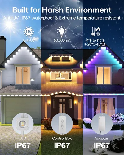 Vista 8 de ASAHOM Luces permanentes para exteriores Pro S108B, 100 pies con 72 luces LED RGBCW, WLED integrado, 70lm blanco, efecto dinámico 30000, iluminación