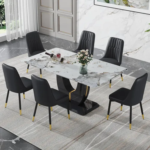 Vista 42 de JUFU Juego de mesa de comedor moderno para 4, juego de mesa de cocina rectangular de 63 pulgadas con mesa de mármol sintético y 4 sillas tapizadas