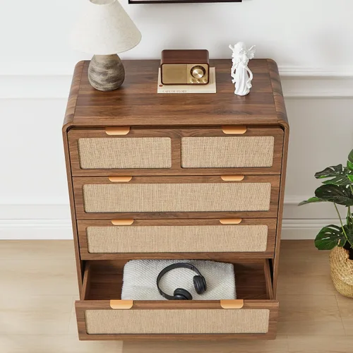 Vista 4 de Cómoda moderna de mediados de siglo para dormitorio con 4 cajones, cómoda de 35 pulgadas de alto con lino natural, cómoda de madera curvada
