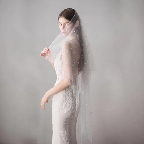 Vista 5 de V607 Luxurious Fingertip Marriage Bridal Veil Pearls Beaded Plain Tulle One-Layer Blusher White Wedding Bride Veil with Comb