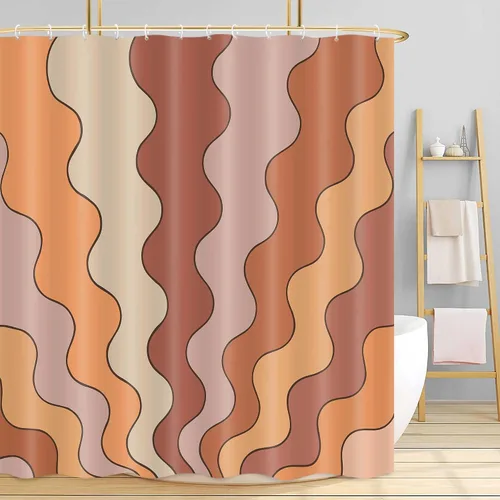 Vista 8 de Neutral Muted Earth Tone Wavy Shower Curtain Mid Century Modern Sage Taupe Blush Abstract Boho Bathroom Curtain Set with Hooks 36x72 Inch