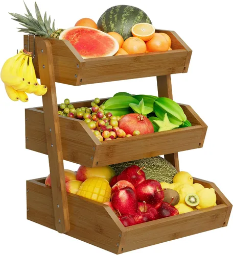 Vista 8 de Cesta de frutas de bambú de 2 niveles para encimera de cocina, encimera de almacenamiento de frutas de gran capacidad, soporte para frutas