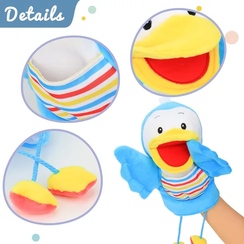 Vista 4 de Hopearl Marioneta de mano de pájaro de peluche con boca abierta y movible para juego imaginativo, juego de rol, juguete interactivo para contar