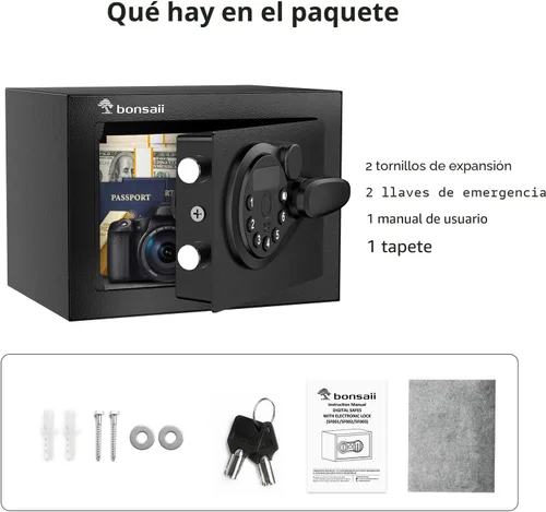 Vista 5 de Bonsaii caja fuerte con teclado electrónico, caja de seguridad de acero con llave, 0.23 pies cúbicos, 9.06 pulgadas de ancho x 6.69 pulgadas