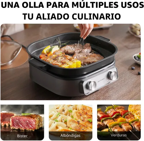 Vista 4 de Sartén eléctrica de 6 cuartos con parrilla Olla antiadherente con revestimiento cerámico libre de PFOA, 1600W, temporizador y 3 configuraciones