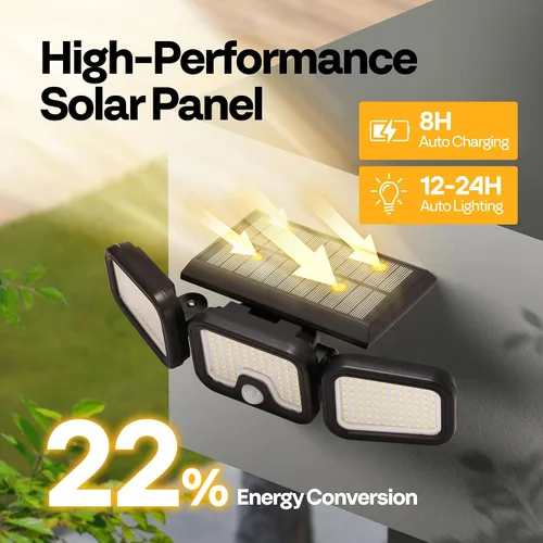 Vista 4 de VIVOHOME - Luces solares de inundación para exteriores, 256 luces LED de 2500 lm con sensor de movimiento, 3 cabezales ajustables de luces