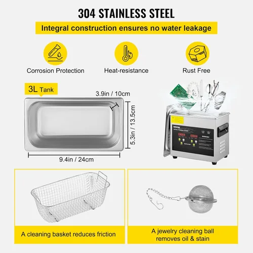 Vista 5 de VEVOR - Limpiador ultrasónico digital profesional para piezas de laboratorio, limpiador con calentador y temporizador para joyas y gafas, 3L