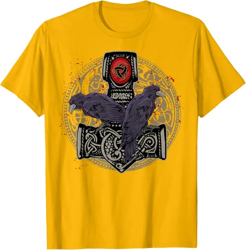 Vista 44 de Thors Hammer Mjolnir Huginn and Muninn Odin Raven - Camiseta, Negro, S