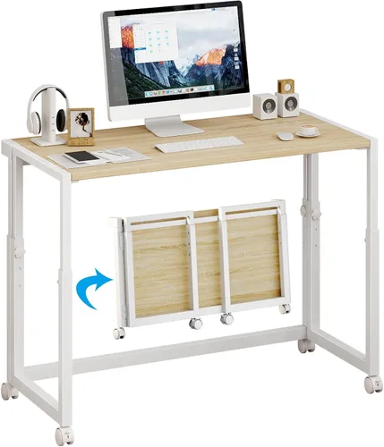 Vista 12 de JSB Escritorio plegable ajustable de 33.2 pulgadas para espacios pequeños, mesa portátil móvil para computadora portátil con ruedas, escritorio Negro