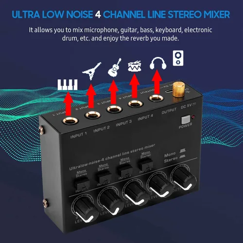 Vista 5 de Mezclador estéreo de línea de 4 canales de ruido ultra bajo 4 entradas 1 salida DC 5V mini mezclador de audio portátil micrófono guitarra bajo
