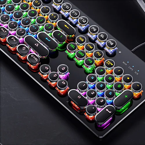Vista 6 de Teclado mecánico con luz LED retroiluminada, teclado retro para juegos con teclas redondas de 104 teclas con interruptor azul, teclado steampunk