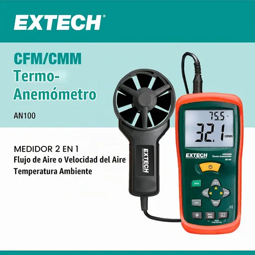 Vista 2 de Extech AN100 CFM/CMM Mini termoanemómetro, flujo de aire y velocidad Air flow CFM/CMM, air velocity, ambient temp, 20-point average, stored area