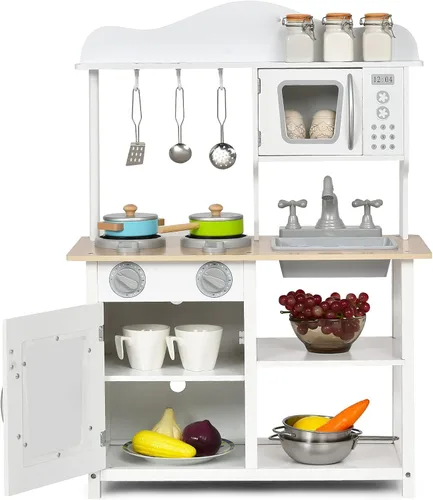 Vista 10 de Costzon Juego de cocina para niños, cocina de madera con fregadero, horno, microondas, estufa, ollas, utensilios, juego de cocina con estante