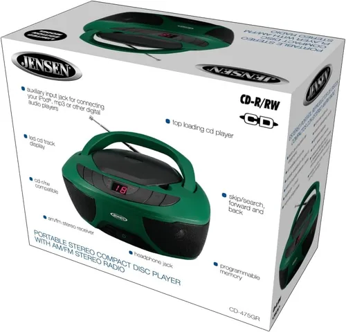 Vista 6 de Jensen CD-475GR Reproductor de CD portátil estéreo estéreo Boombox con radio AM/FM y línea auxiliar y conector para auriculares (verde)