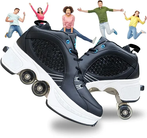 Vista 24 de Zapatos de patinaje convertibles para hombres y mujeres, zapatos de paseo automáticos para niños y adultos, patines con doble fila de ruedas, ruedas
