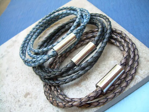 Vista 2 de Pulsera de cuero con cierre magnético, acero inoxidable, joyería para hombre, pulsera para hombre, pulsera envolvente, regalo para hombre, para él