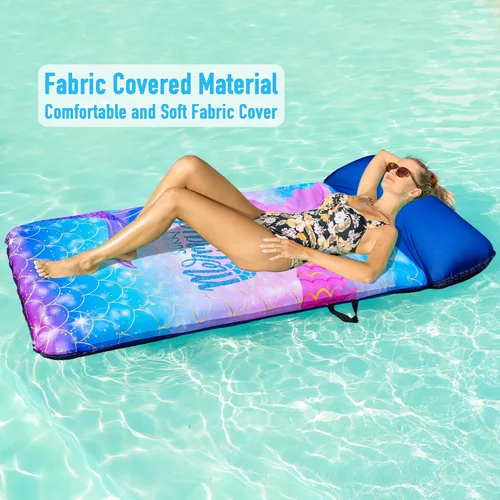 Vista 4 de Flotadores de piscina de gran tamaño para adultos, 72 x 38 pulgadas, flotador de piscina cubierto de tela extra grande con reposacabezas, flotadores
