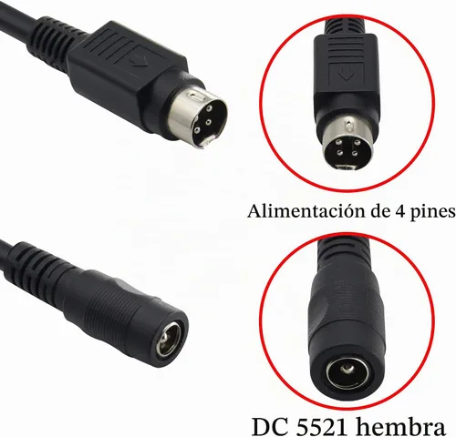 Vista 2 de Cable de alimentación de 4 P-in DI-N a CC4 Pi-n Mini D-in macho a D-C 5521 Cable
