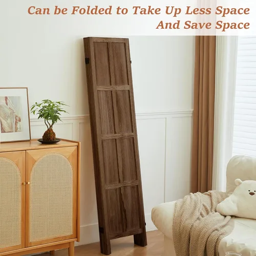 Vista 2 de Divisor de habitación de madera, pantalla de privacidad plegable de 4 paneles, partición clásica de madera para interiores de 5.6 pies, divisor