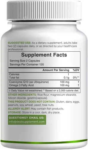 Vista 6 de DEAL SUPPLEMENT CoQ10 100mg con Omega 3 100 mg, 240 cápsulas Fórmula de coenzima Q10 biodisponible Sin OMG