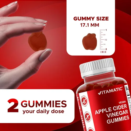 Vista 3 de Vitamatic Gomitas de vinagre de sidra de manzana, 1000 mg por porción, 60 gomitas veganas, gomitas ACV para desintoxicación, apoyo para la pérdida