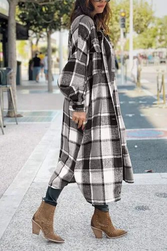 Vista 3 de Yousify Chaqueta larga con solapa a cuadros cepillada y bolsillos para mujer