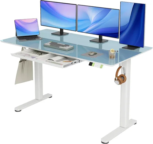 Vista 13 de INNOVAR Escritorio de pie de cristal con cajones, escritorio de pie ajustable de 32 x 19 pulgadas, escritorio de computadora de oficina en casa