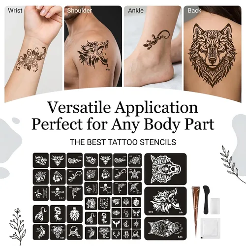 Vista 2 de Kotbs 6 hojas de plantillas temporales de tatuaje, 34 piezas de plantillas de tatuajes de henna con patrón de tótem de tigre y lobo, plantillas