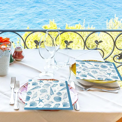 Vista 7 de AnyDesign Paquete de 100 servilletas de almuerzo de concha de mar, conchas de océano azul, conchas de playa, servilletas de papel desechables