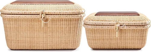 Vista 9 de Nantucket cestas, Rectangular tejido a mano de ratán cesta de almacenamiento con tapa para estantes y cajas para el hogar para organizador (L)