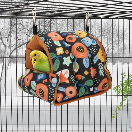 Vista 3 de Wontee Casa Nido de Pájaros Refugio Cálido de Invierno Cabaña Acogedora Cama para Pájaros Hamaca Colgante para Loros Periquitos Australianos Negro